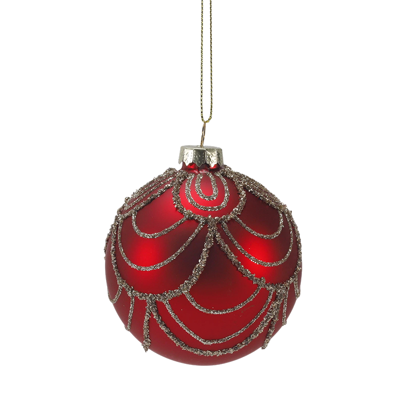 8cm Red Matte Christmas Glass ball Bauble na may Gold Glitter Swirls