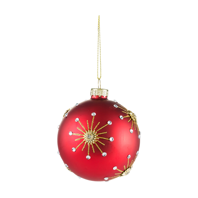 8cm Red Matte Christmas Glass ball Bauble na may Gold Glitter Swirls