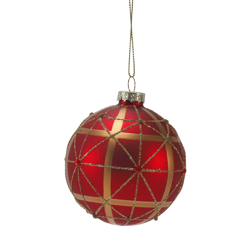 8cm Red Matte Christmas Glass ball Bauble na may Gold Glitter Swirls