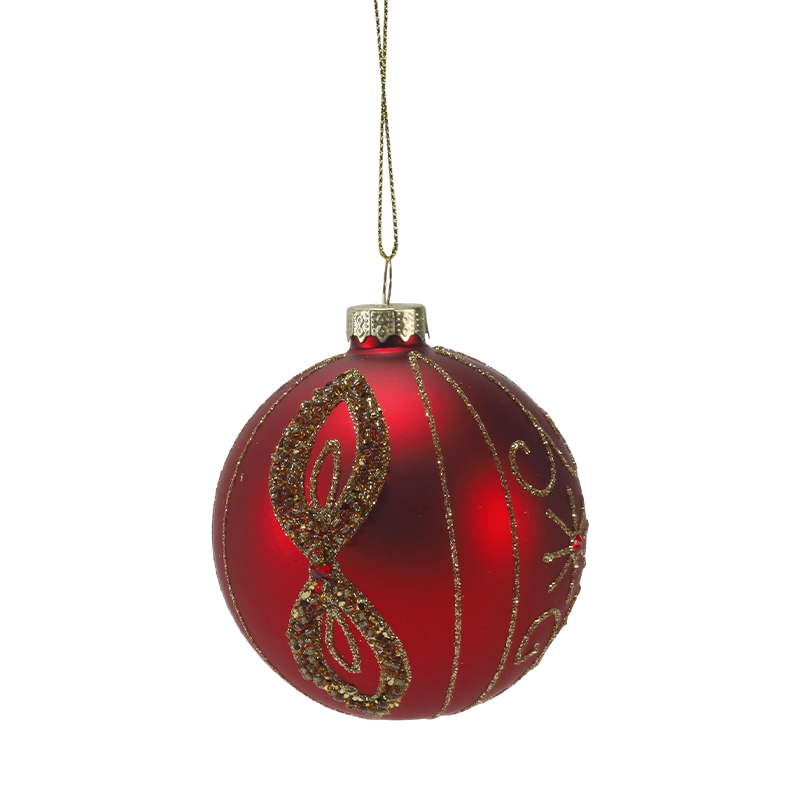 8cm Red Matte Christmas Glass ball Bauble na may Gold Glitter Swirls