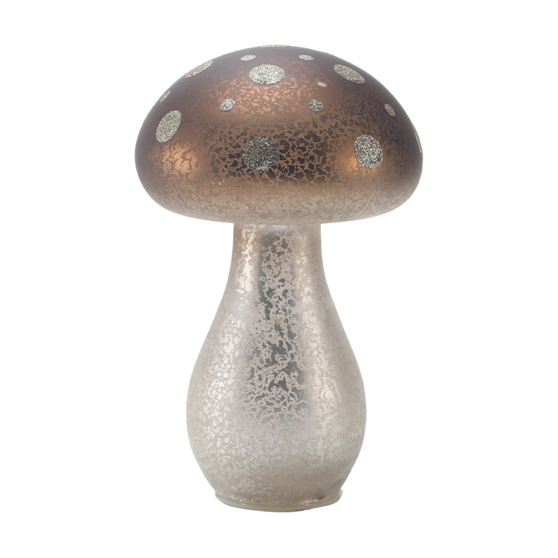 Handmade Brown Frosted Glass / Velvet Top Mushroom Ornament na may Silver Glitter Spots na may LED na dekorasyon