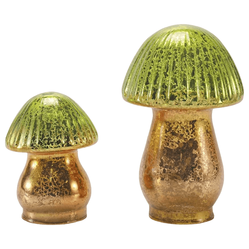 Handmade Green-Gold Gradient Ribbed Mercury Glass Mushroom Ornament na may led na palamuti