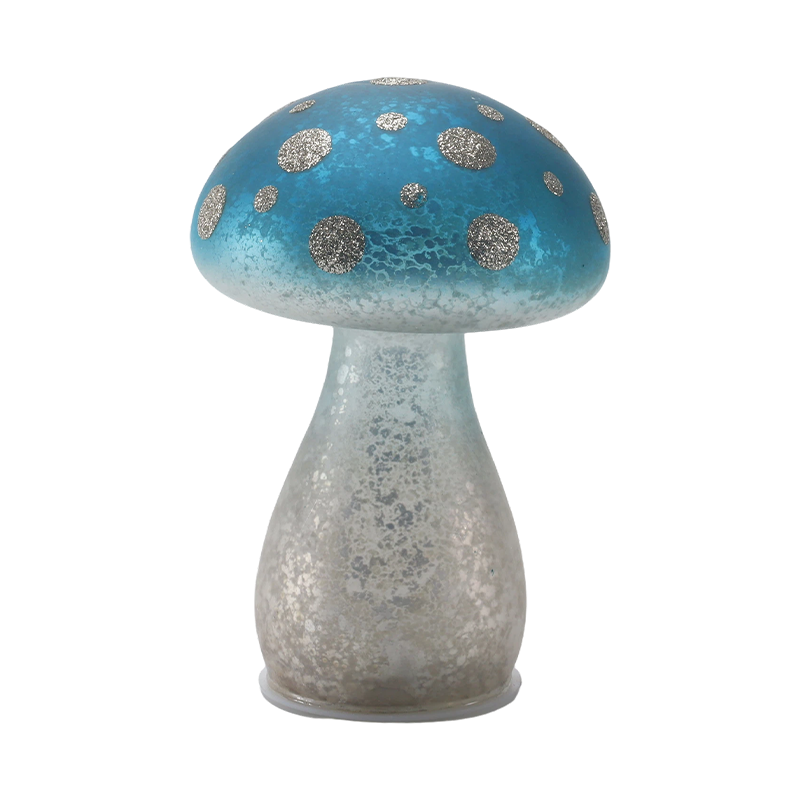 Handmade Gradient Blue Frosted Glass Mushroom Ornament na may Silver Glitter Spots na may led na palamuti