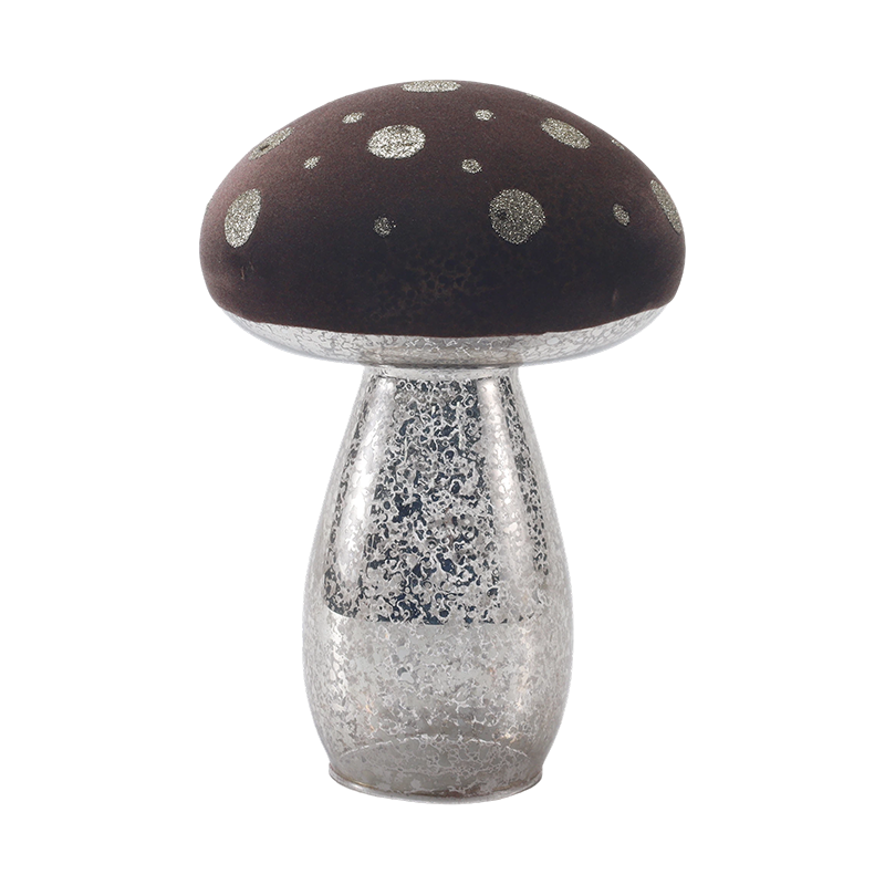 Handmade Brown Frosted Glass / Velvet Top Mushroom Ornament na may Silver Glitter Spots na may LED na dekorasyon