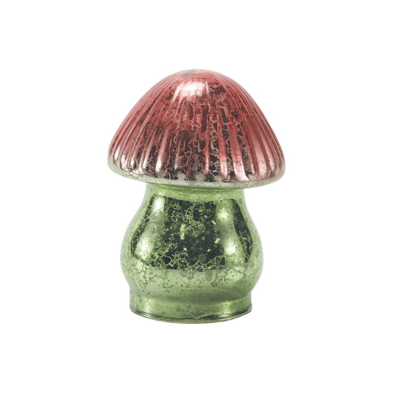Handmade Red-Green Gradient Ribbed Mercury Glass Mushroom Ornament na may led na palamuti
