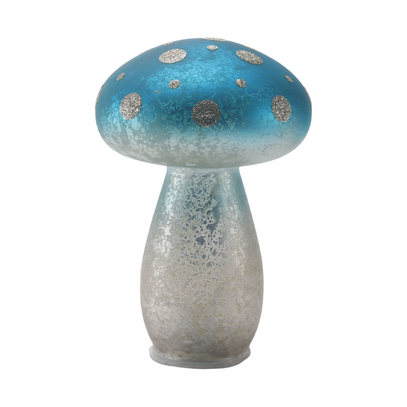 Handmade Gradient Blue Frosted Glass Mushroom Ornament na may Silver Glitter Spots na may led na palamuti