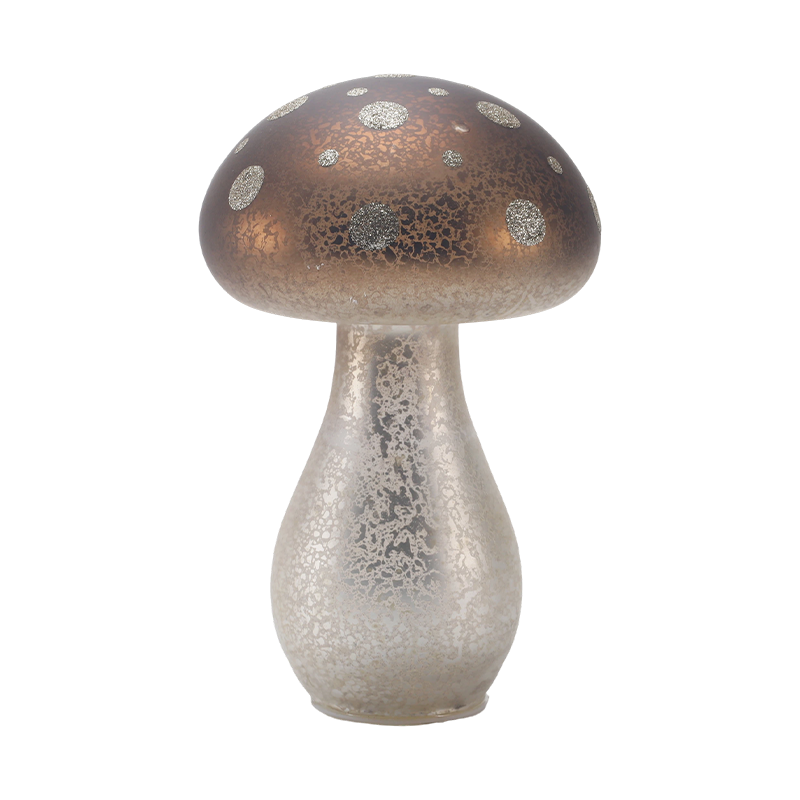 Handmade Brown Frosted Glass / Velvet Top Mushroom Ornament na may Silver Glitter Spots na may LED na dekorasyon