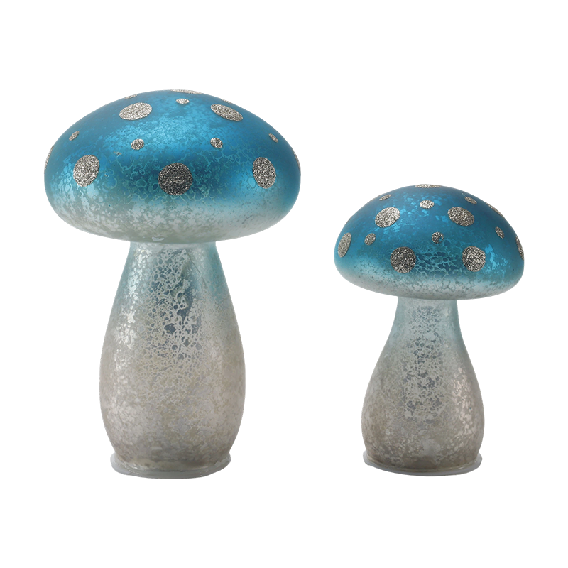 Handmade Gradient Blue Frosted Glass Mushroom Ornament na may Silver Glitter Spots na may led na palamuti