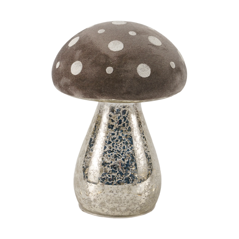 Handmade Brown Frosted Glass / Velvet Top Mushroom Ornament na may Silver Glitter Spots na may LED na dekorasyon