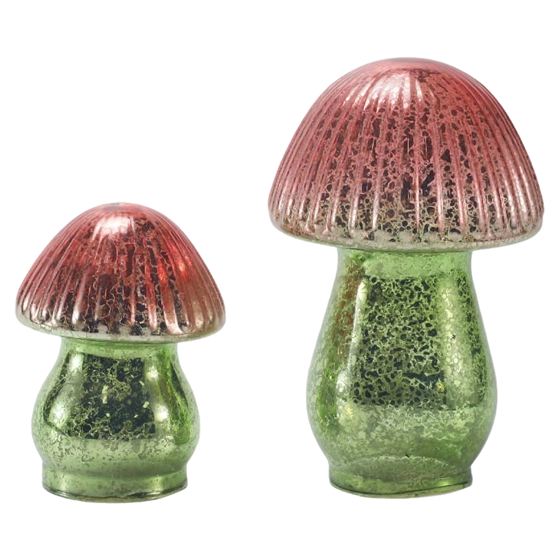 Handmade Red-Green Gradient Ribbed Mercury Glass Mushroom Ornament na may led na palamuti