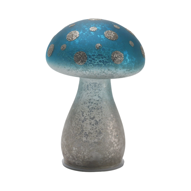 Handmade Gradient Blue Frosted Glass Mushroom Ornament na may Silver Glitter Spots na may led na palamuti