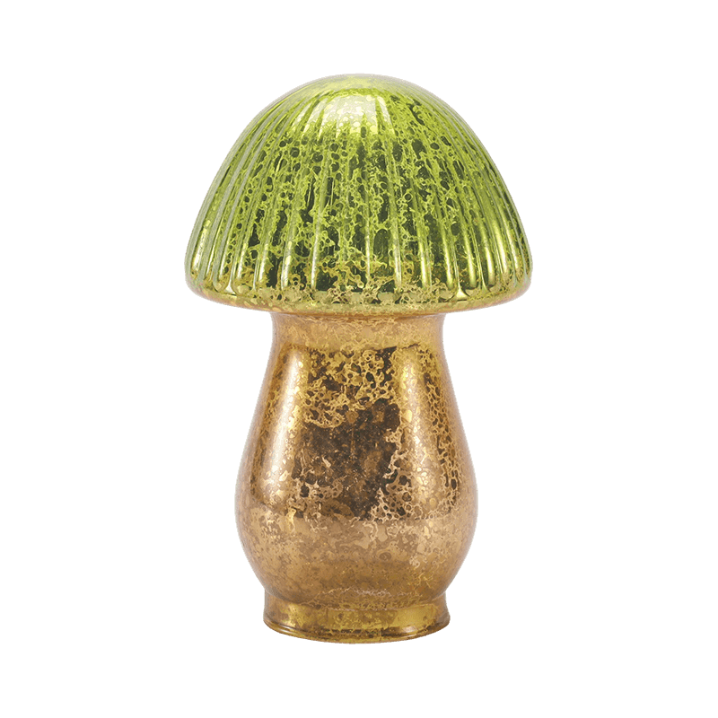 Handmade Green-Gold Gradient Ribbed Mercury Glass Mushroom Ornament na may led na palamuti