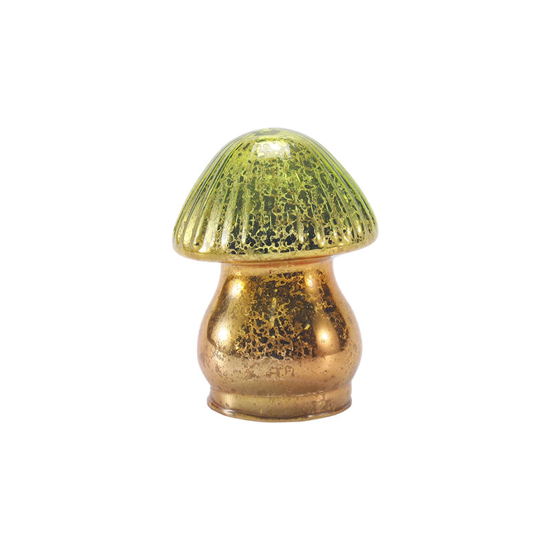 Handmade Green-Gold Gradient Ribbed Mercury Glass Mushroom Ornament na may led na palamuti