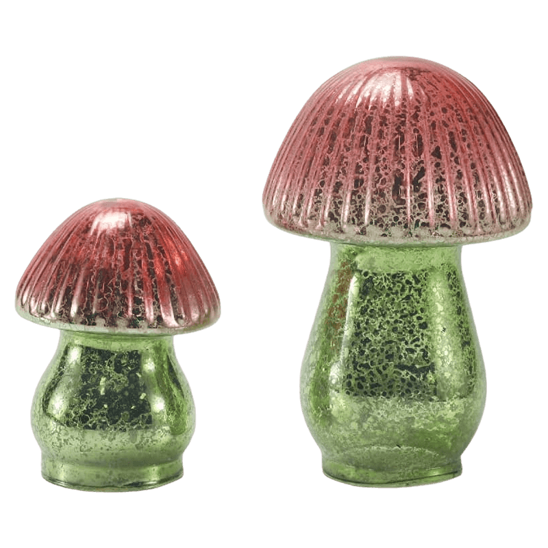 Handmade Red-Green Gradient Ribbed Mercury Glass Mushroom Ornament na may led na palamuti