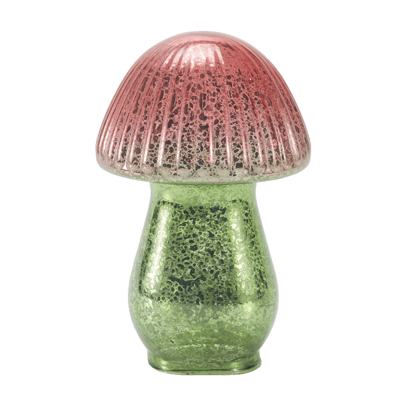 Handmade Red-Green Gradient Ribbed Mercury Glass Mushroom Ornament na may led na palamuti