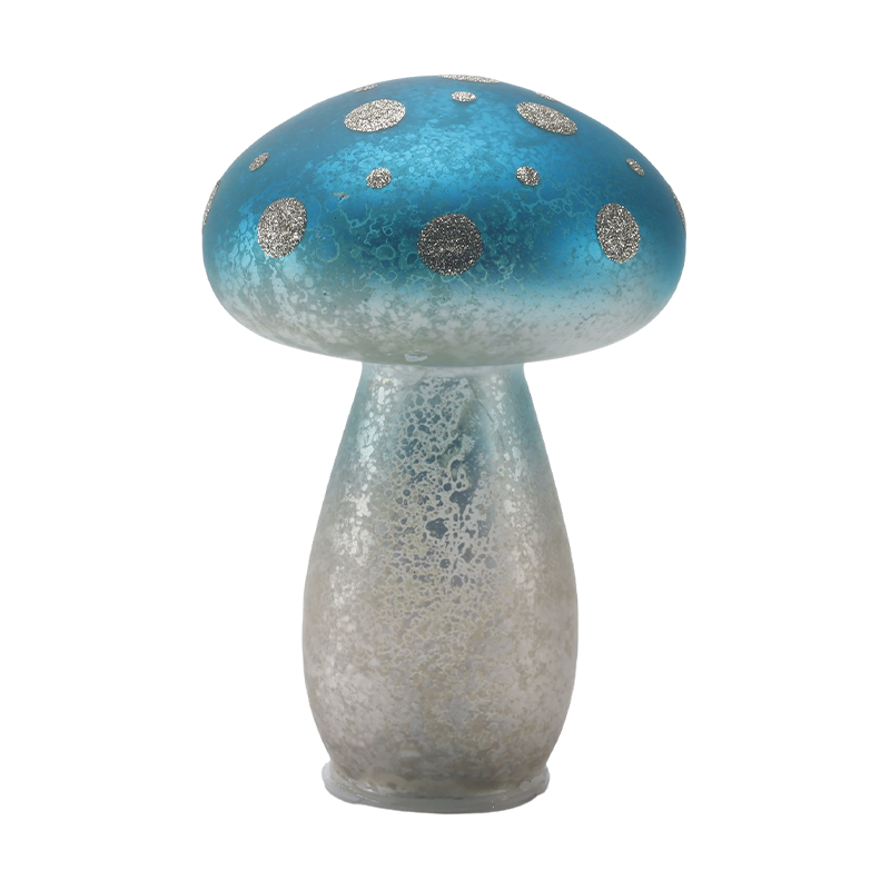 Handmade Gradient Blue Frosted Glass Mushroom Ornament na may Silver Glitter Spots na may led na palamuti