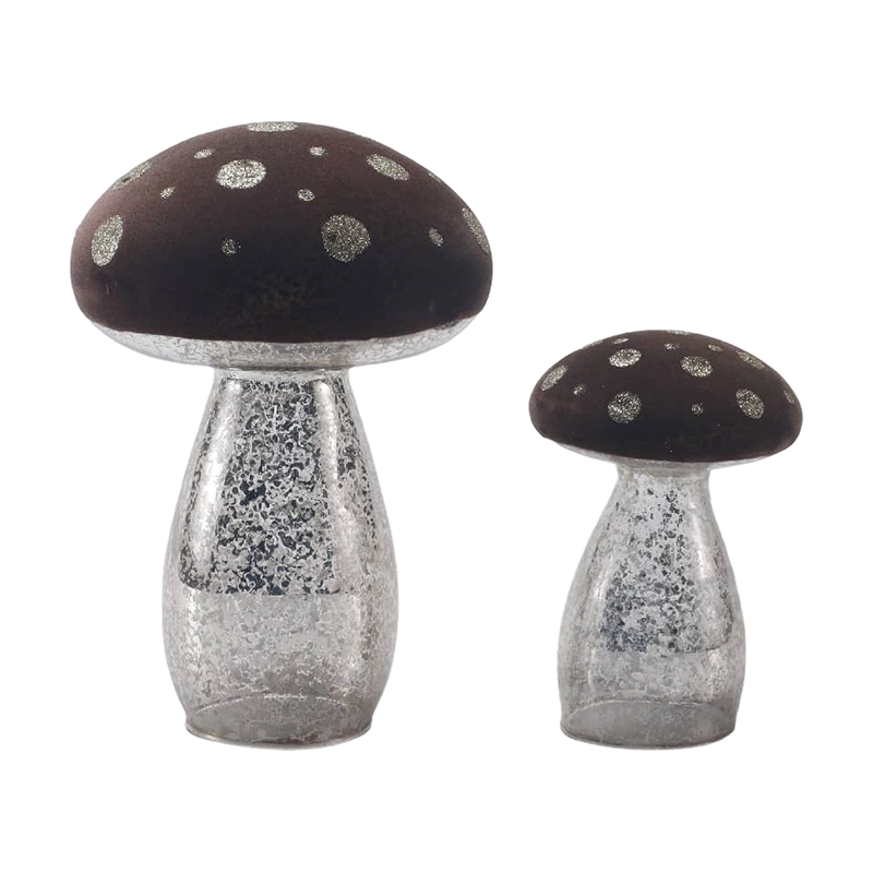 Handmade Brown Frosted Glass / Velvet Top Mushroom Ornament na may Silver Glitter Spots na may LED na dekorasyon