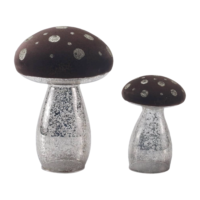Handmade Brown Frosted Glass / Velvet Top Mushroom Ornament na may Silver Glitter Spots na may LED na dekorasyon